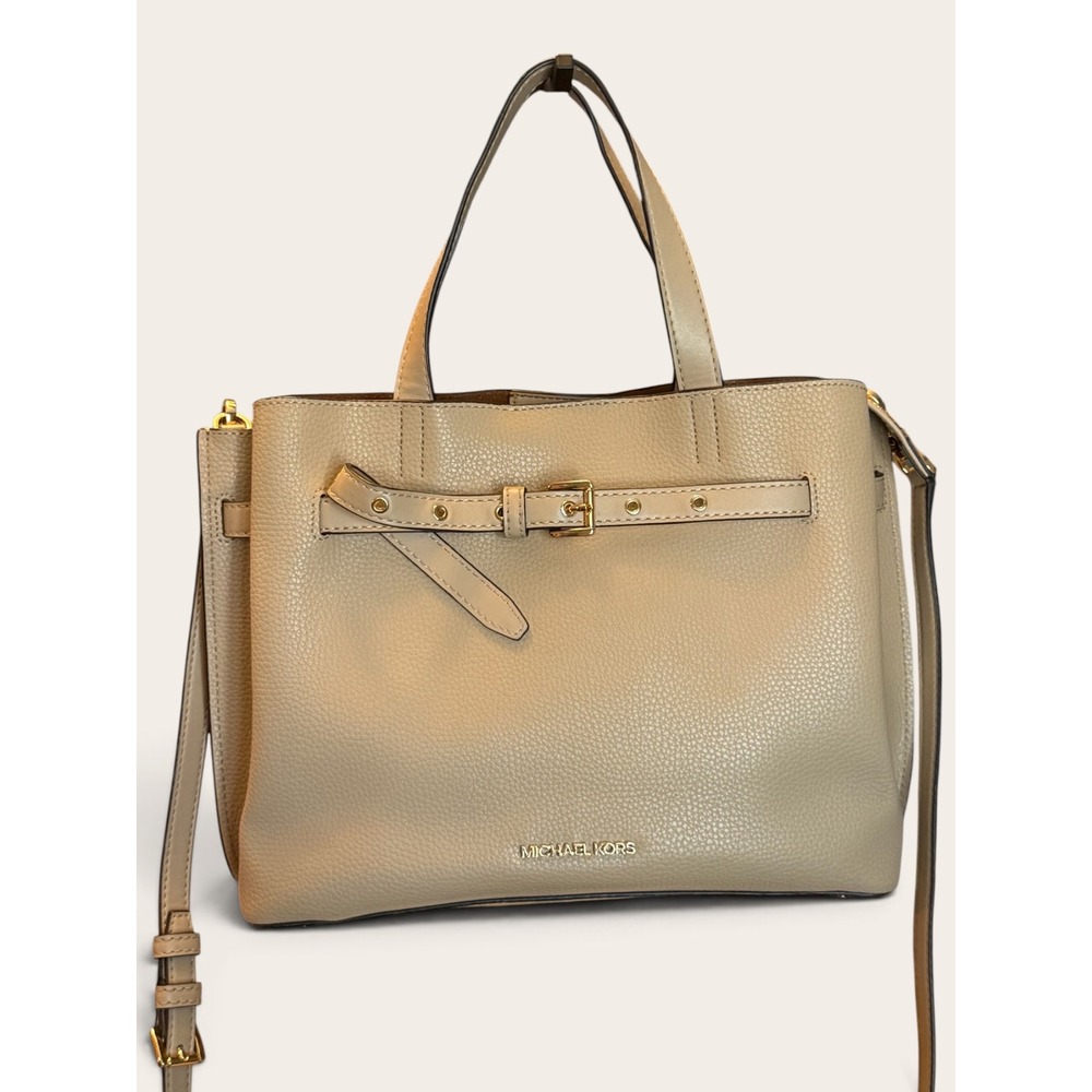Michael Kors Mercer Medium Pebbled Leather Belted Satchel Beige 30S9GM9S2L